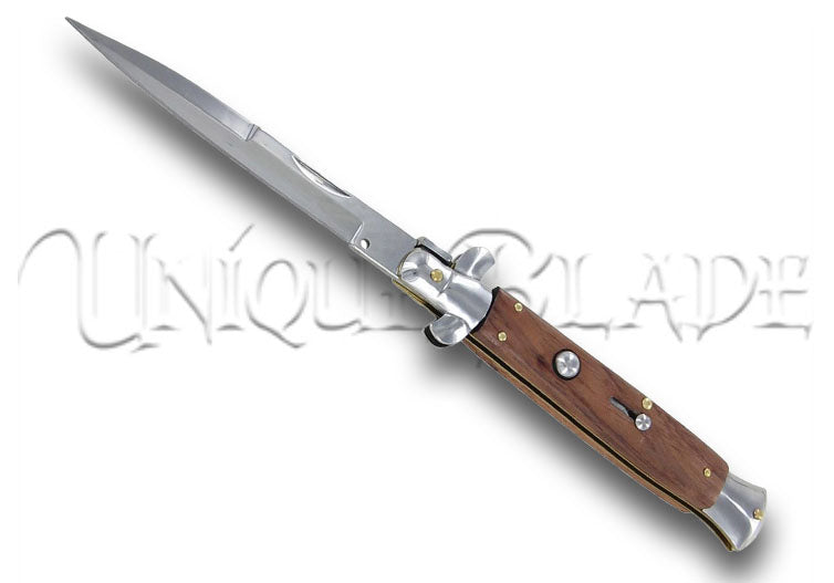 French Chatellerault Automatic Switchblade Stiletto Knife - Wood Handle - Timeless Elegance - This switchblade stiletto knife, with a wooden handle, showcases French craftsmanship for a touch of timeless elegance.