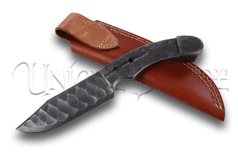 Gifted Hostler Horseshoe Knife - Full Tang Hand Forged Carbon Steel Sharpened Diamond Scalloping Texture Blade w/ Leather Sheath