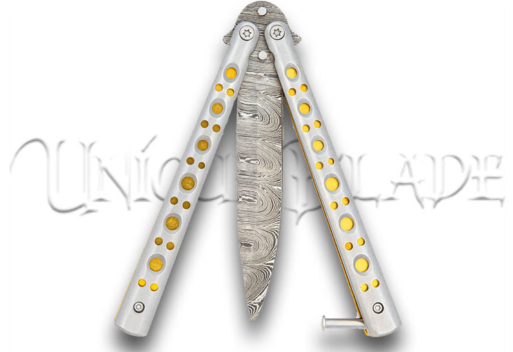 Gold Panning Clip Point Balisong Butterfly Knife Flipper  Damascus Steel Blade Drop Point