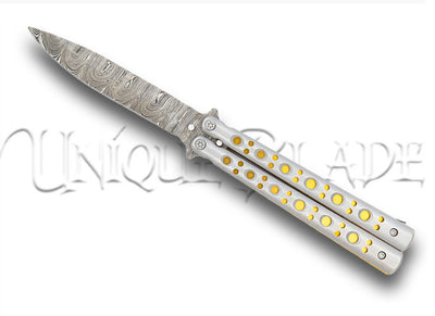 Gold Panning Clip Point Balisong Butterfly Knife - Unearth style and precision with this gold panning inspired balisong, featuring a clip point Damascus steel blade and a sleek drop-point design for a unique and functional flipper experience.