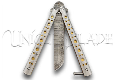 Gold Panning Clip Point Balisong Butterfly Knife Flipper Damascus Steel Blade Tanto Point
