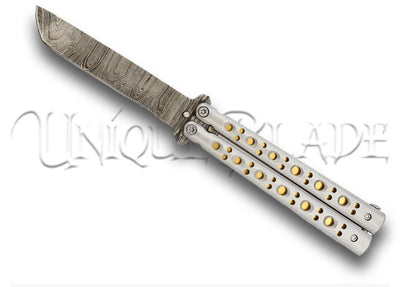 Gold Panning Clip Point Balisong Butterfly Knife - Discover elegance in motion with this gold panning inspired balisong, showcasing a Damascus steel blade in a stylish tanto point design for a distinctive and functional flipper experience.