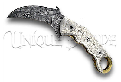 Handmade Damascus Silvermine Frontier Karambit Knife - Experience the artistry of craftsmanship with this handmade Damascus knife, featuring a silvermine finish for a distinctive and functional karambit design.