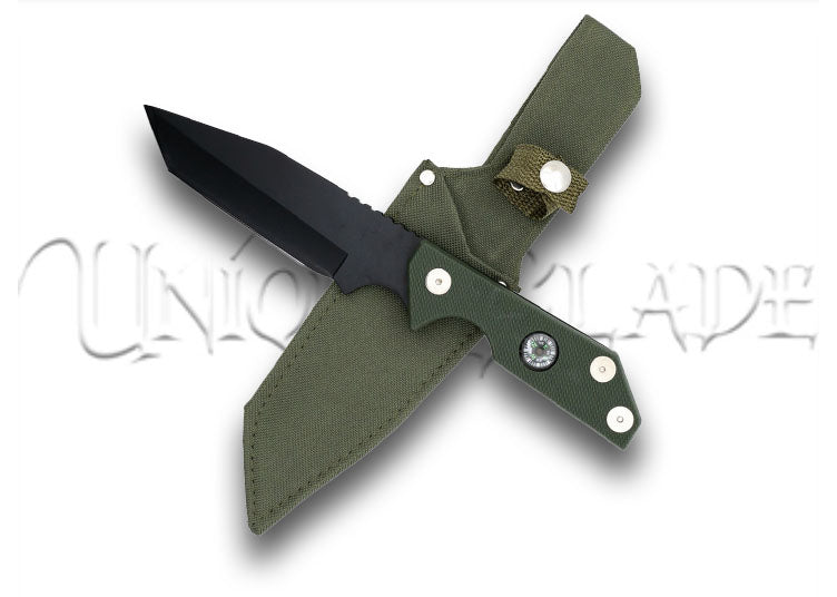 Heavily Wooded Tanto Survival Hunting Knife with Compass - Navigate and Conquer - This survival hunting knife features a heavily wooded design and comes equipped with a compass, combining utility and wilderness readiness.