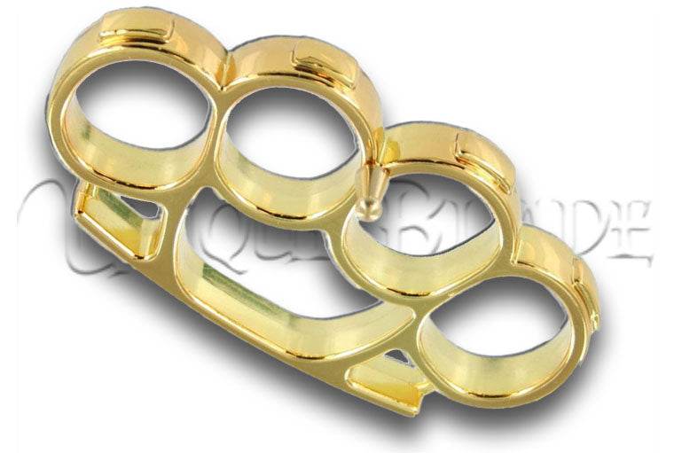 Iron Fist Knuckleduster Paperweight Buckle: Gold - Combine strength and style with this gold-finished brass knuckleduster paperweight buckle, a unique accessory for a touch of bold elegance.