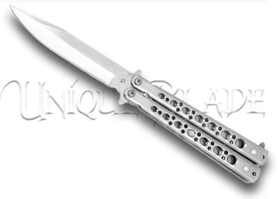 King’s Thorn Balisong Butterfly Knife Flipper Knife - Morning Silver - Elegant Flips, Sleek Design - This balisong butterfly knife with a morning silver finish features a unique King’s Thorn design, combining flair with functionality.