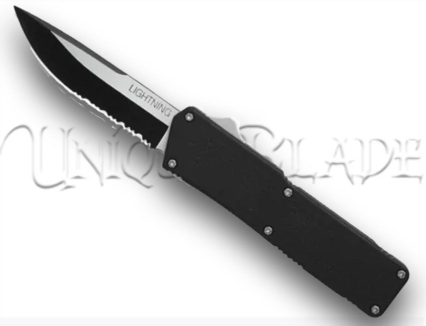 Lightning Out The Front Automatic Switchblade Knife: All Black Two Tone Serrated - Experience precision and style with this all-black out-the-front automatic switchblade knife, featuring a two-tone serrated blade from the Lightning collection.