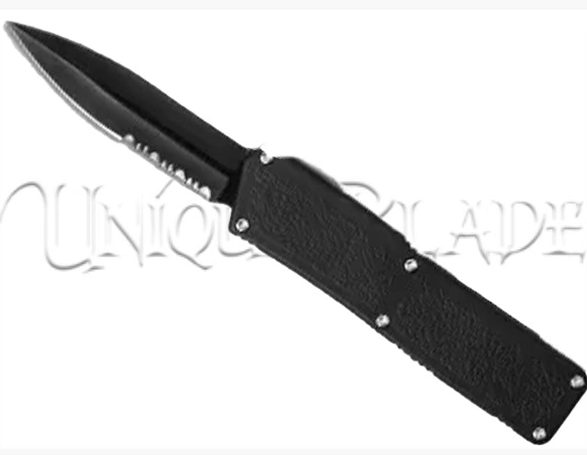 Lightning Black OTF Automatic Knife - Black Dagger - Serrated Blade - Unleash the power of this sleek and tactical OTF knife with a black serrated dagger blade, designed for precision and cutting-edge performance.