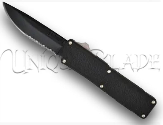 Lightning Black OTF Automatic Knife - Black Serrated - Plain Blade - Navigate any cutting task with precision using the combination of a black serrated blade and a plain edge on this high-performance OTF automatic knife.