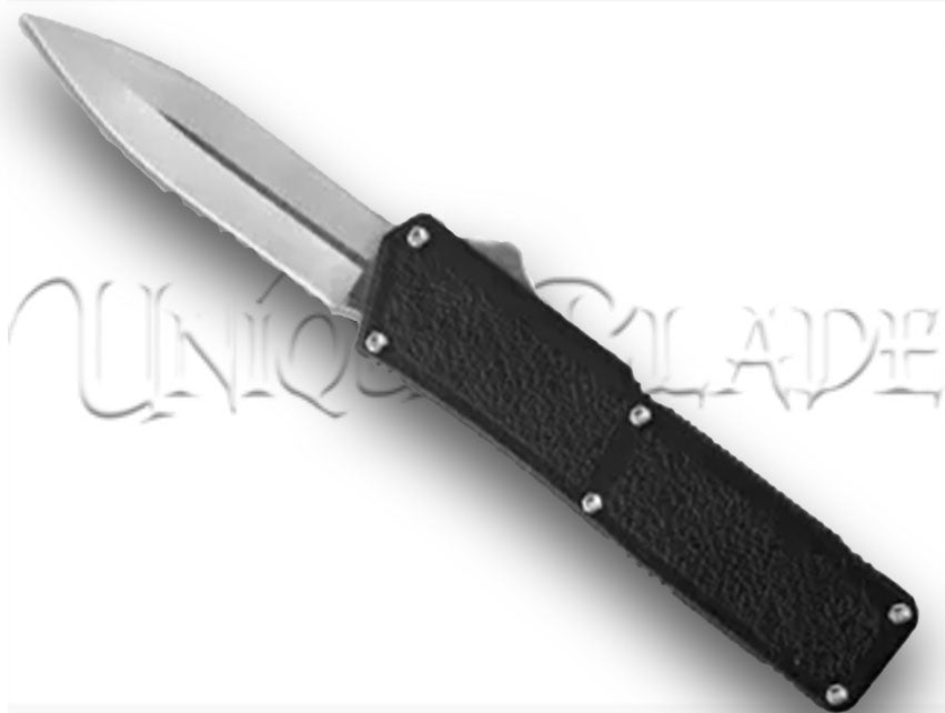 Lightning Black OTF Automatic Knife - Satin - Double Edge Blade - Experience the sleek and efficient design of this double-edged, satin-finished blade, perfect for versatile cutting applications.
