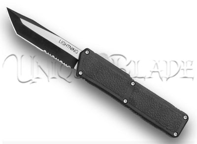 Lightning Black OTF Automatic Knife - Tanto Two-Tone Serrated: Elevate your edge with this sleek automatic knife, showcasing a serrated two-tone tanto blade for exceptional cutting performance.