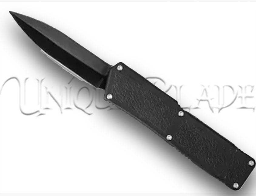 Lightning Black OTF Automatic Knife - Black Dagger - Plain Blade - Stealthy Precision - This OTF automatic knife in sleek black features a plain-edged black dagger blade, delivering both style and stealthy cutting precision.