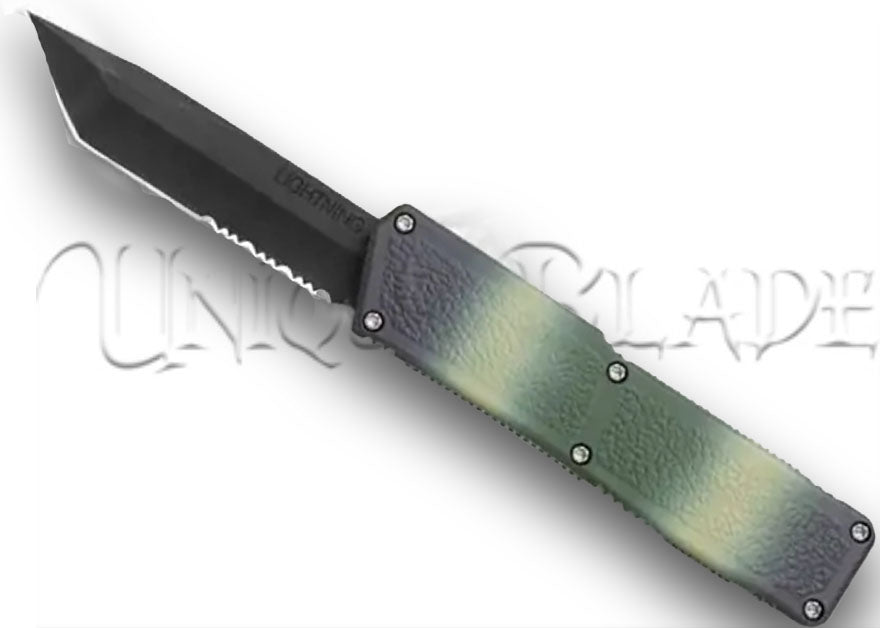 Lightning Camo OTF Automatic Knife - Tanto Black Serrated: Navigate through challenges with precision using this camo-patterned OTF knife, showcasing a formidable black-serrated tanto blade for efficient cutting in various situations.