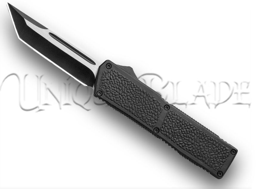 Lightning Elite Black OTF Automatic Knife: Tanto Black Plain - Unleash the elite power with this out-the-front automatic knife, featuring a sleek black tanto blade in a plain edge for a perfect blend of style and functionality.