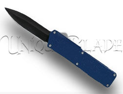 Lightning Blue OTF Automatic Knife - Black Dagger - Electric Precision in Black - This OTF automatic knife with a vibrant blue design features a sleek black dagger blade, delivering style and precision in every deployment.