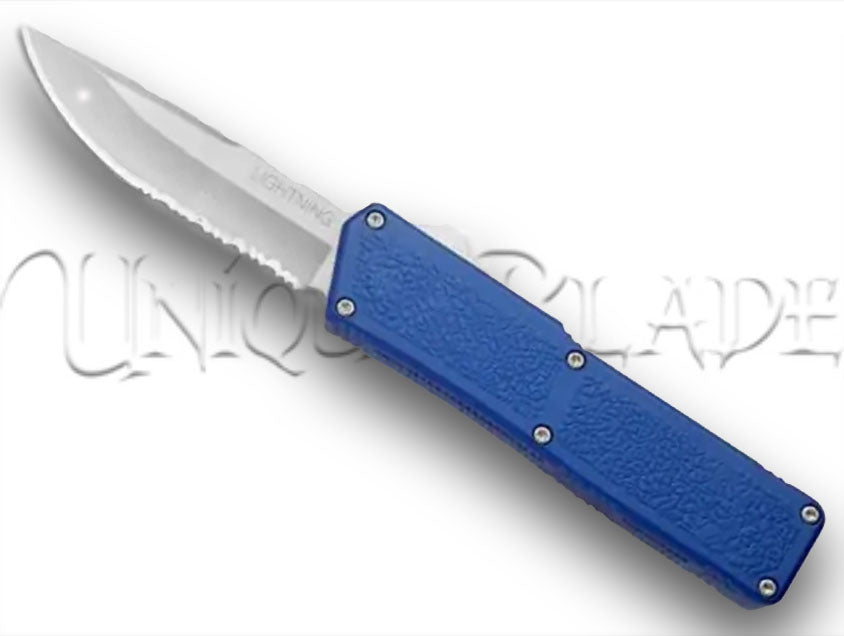 Lightning Blue OTF Automatic Knife - Satin Serrated: Elevate your gear with this blue automatic knife, featuring a satin-finished serrated blade for a perfect combination of style and cutting precision.