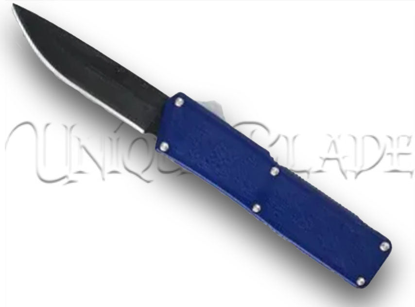 Lightning Blue OTF Automatic Knife - Black - Plain Blade - Embrace precision with this stylish black-handled OTF knife featuring a razor-sharp plain blade, perfect for versatile cutting tasks.