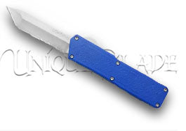 Lightning Blue OTF Automatic Knife - Tanto Satin Serrated: Unleash cutting-edge style and performance with this blue OTF knife, boasting a Tanto blade in a sleek satin finish with serrated edges.