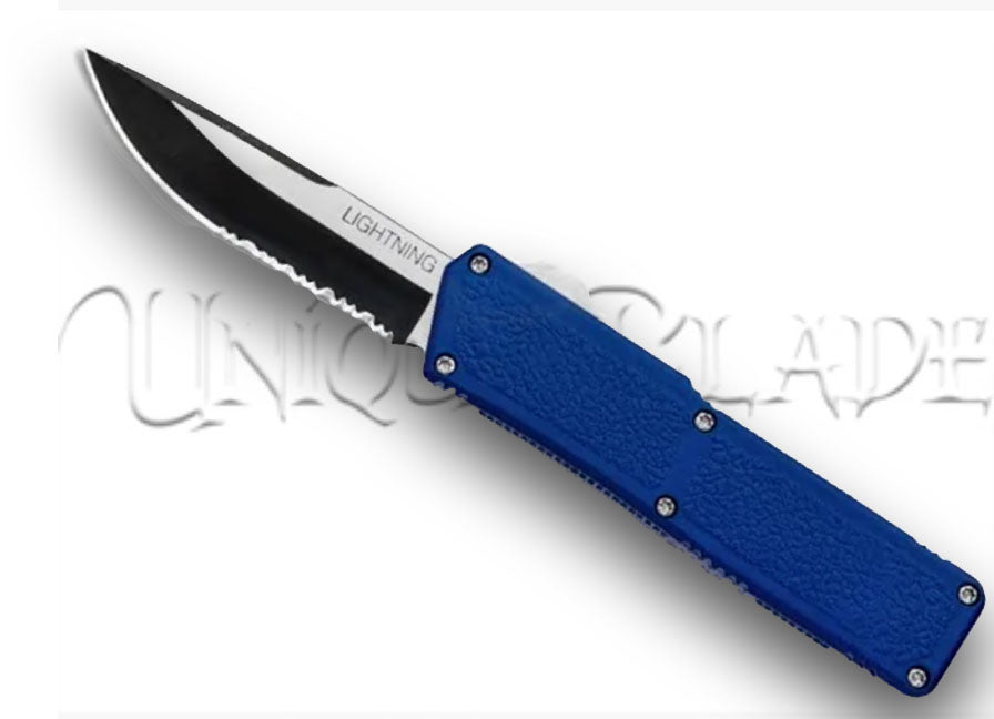 Lightning Blue OTF Automatic Knife - Tow-Tone Serr