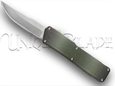 Lightning Camo OTF Automatic Knife - Satin - Plain Blade - Blend into the wilderness with this camo-patterned OTF knife, featuring a sleek satin plain blade for versatile outdoor functionality.