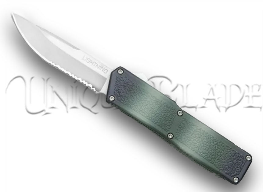 Lightning Camo OTF Automatic Knife: Stealthy Camouflage Design with Satin Serrated Blade – Unleash Precision and Style in the Wild.