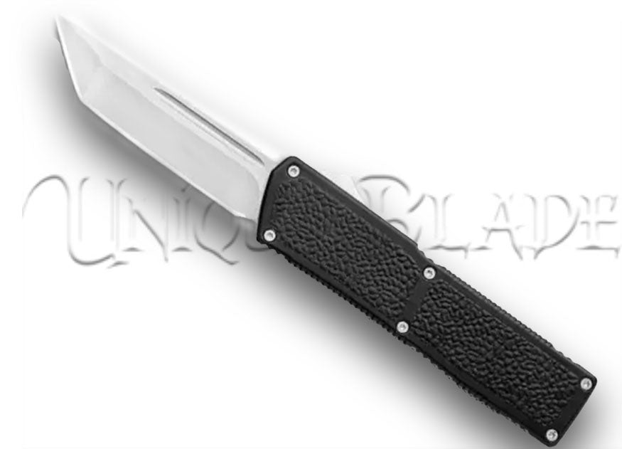 Lightning Elite Black OTF Automatic Knife - Tanto Satin Plain: Experience cutting-edge style and performance with this black OTF knife featuring a Tanto blade in a striking satin finish.