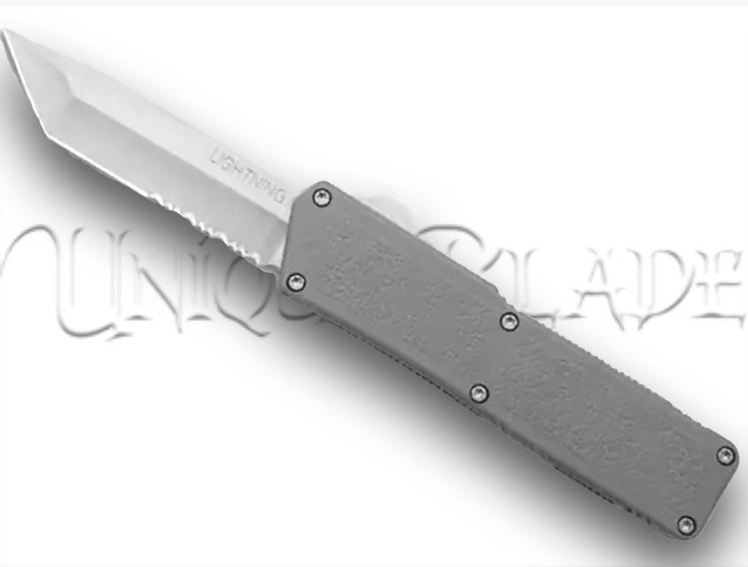 Lightning Gray OTF Automatic Knife - Tanto Satin Serrated