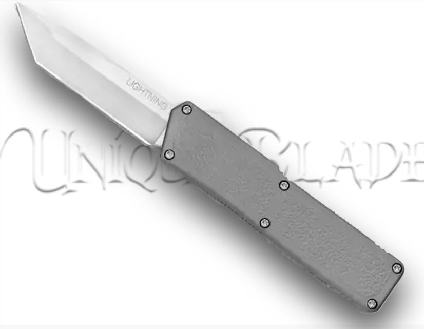 Lightning Gray OTF Automatic Knife with Tanto Satin Blade - Elegance meets functionality in this high-performance edged tool.