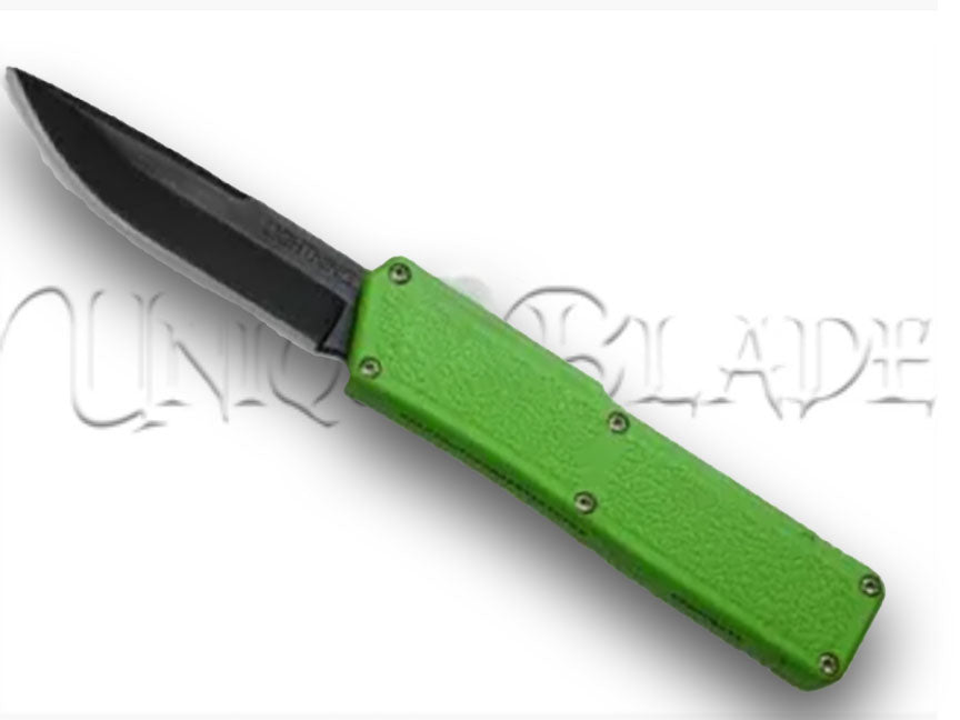 Lightning Green OTF Automatic Knife - Black Plain Blade - Striking Green Elegance - This OTF automatic knife features a vibrant green design and a sleek black plain blade for a perfect combination of style and functionality.