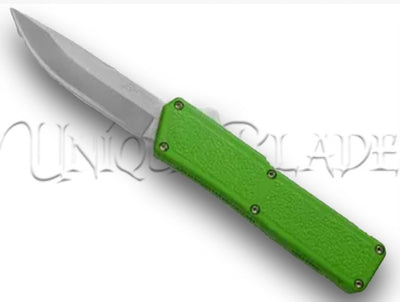 Lightning Green OTF Automatic Knife - Satin Plain Blade - Sleek Green Precision - This OTF automatic knife combines a stylish green design with a satin plain blade for a sophisticated yet functional cutting tool.