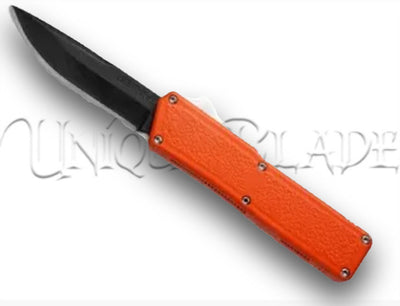 Lightning Orange OTF Automatic Knife - Black Plain Blade - A vibrant orange OTF knife with a sleek black plain blade, combining style and functionality for versatile cutting needs.