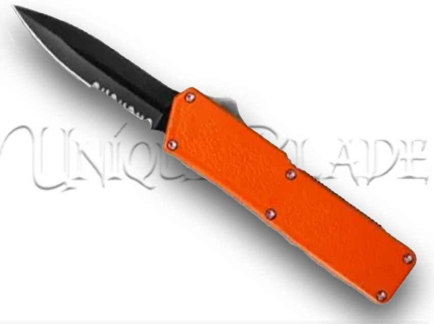 Lightning Orange OTF Automatic Knife - Black Dagger - Serrated Blade: A bold and distinctive OTF knife featuring an eye-catching orange design, a sleek black dagger blade, and serrated edges for added cutting versatility.