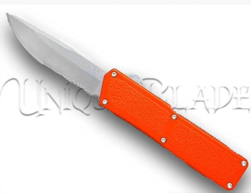 Lightning Orange OTF Automatic Knife - Satin Serrated - Striking Orange Precision - This OTF automatic knife combines a vibrant orange design with a satin serrated blade for a powerful and versatile cutting tool.