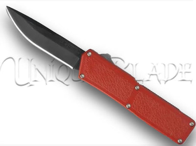 Lightning Red OTF Automatic Knife - Black - Plain Blade: A striking red OTF knife featuring a sleek black plain blade, offering a perfect blend of style and cutting precision.