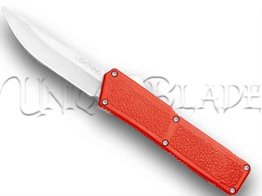 Lightning Red OTF Automatic Knife: Satin Plain - Make a bold statement with this red out-the-front automatic knife, showcasing a sleek satin plain blade for a perfect blend of style and precision from the Lightning collection.