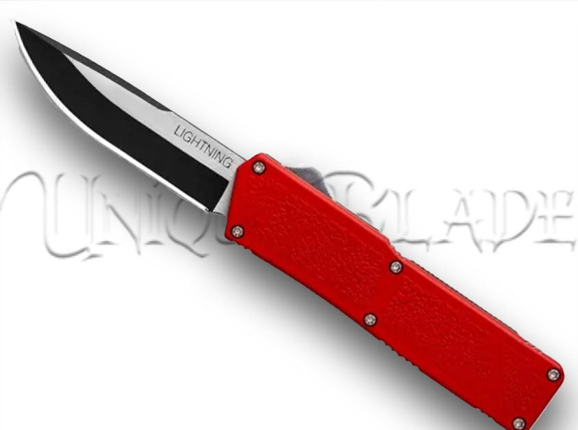 Lightning Red OTF Automatic Knife: Two-Tone Plain - Make a bold statement with this vibrant red out-the-front automatic knife, showcasing a distinctive two-tone plain blade for a perfect blend of style and precision from the Lightning collection.