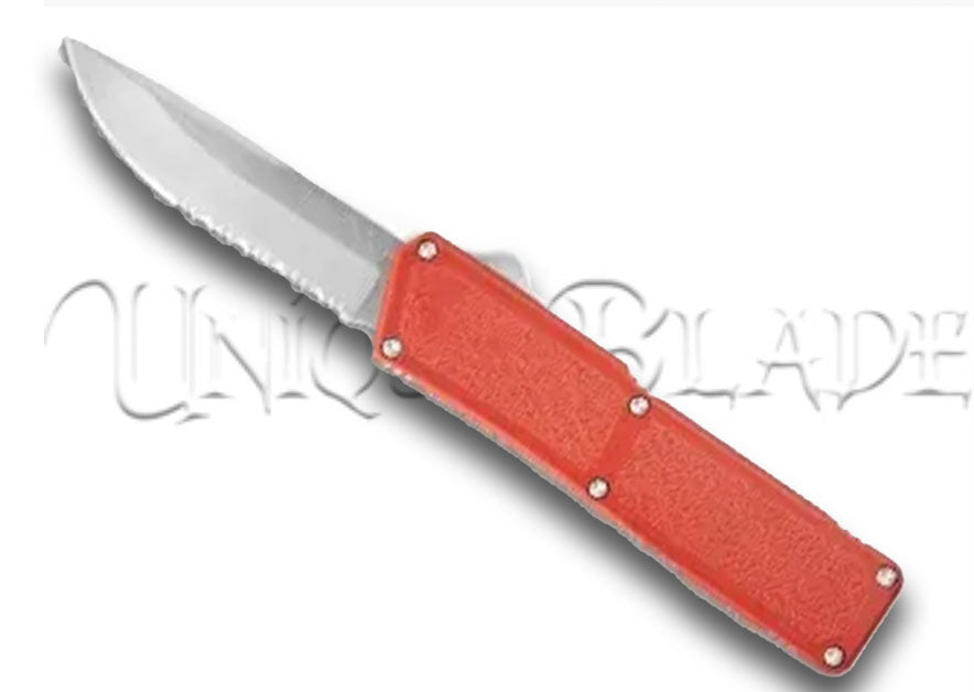 Lightning Red OTF Automatic Knife: Bold Design with Satin Plain and Serrated Blade Options – Unleash Precision and Style in Every Swift Deployment.