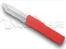 Lightning Red OTF Automatic Knife - Tanto Satin Serr - Striking Red Precision - This OTF automatic knife in vibrant red features a tactical Tanto satin serrated blade, delivering both style and cutting versatility.
