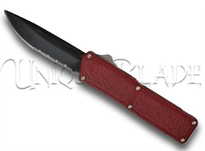 Lightning Red OTF Automatic Knife: Striking Design with Black Serrated and Plain Blade Options – Unleash Precision and Style with Every Swift Deployment.