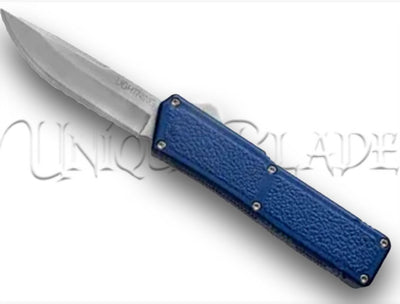 Lightning Blue OTF Automatic Knife - Satin - Plain Blade - Elevate your style and functionality with this satin-finished OTF knife, equipped with a sharp plain blade for everyday cutting needs.