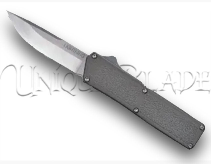 Lightning Gray OTF Automatic Knife - Silver Plain Blade - Single Edge - A sleek and reliable gray OTF knife with a single-edge plain blade, perfect for precise cutting tasks in various situations.