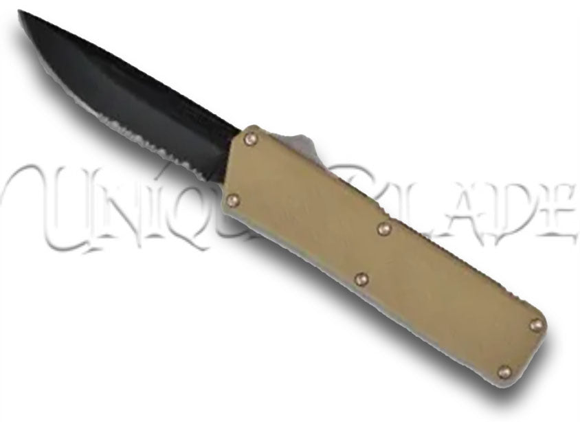 Lighting Tan OTF Automatic Knife - Black Serrated - Plain Blade