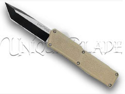 Lightning Tan OTF Automatic Knife: Tanto Two Tone - Unleash style and precision with this tan out-the-front automatic knife, featuring a distinctive two-tone tanto blade from the Lightning collection.