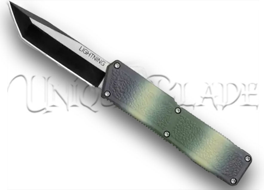 Lightning Camo OTF Automatic Knife - Tanto Two Tone: Navigate the wild with confidence using this camo-patterned OTF knife, showcasing a striking two-tone tanto blade for both style and functionality.