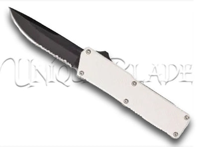 Lightning White OTF Automatic Knife - Black Serrated - Plain Blade: A visually appealing combination of a white handle with a black serrated plain blade, offering both style and functionality for cutting tasks.