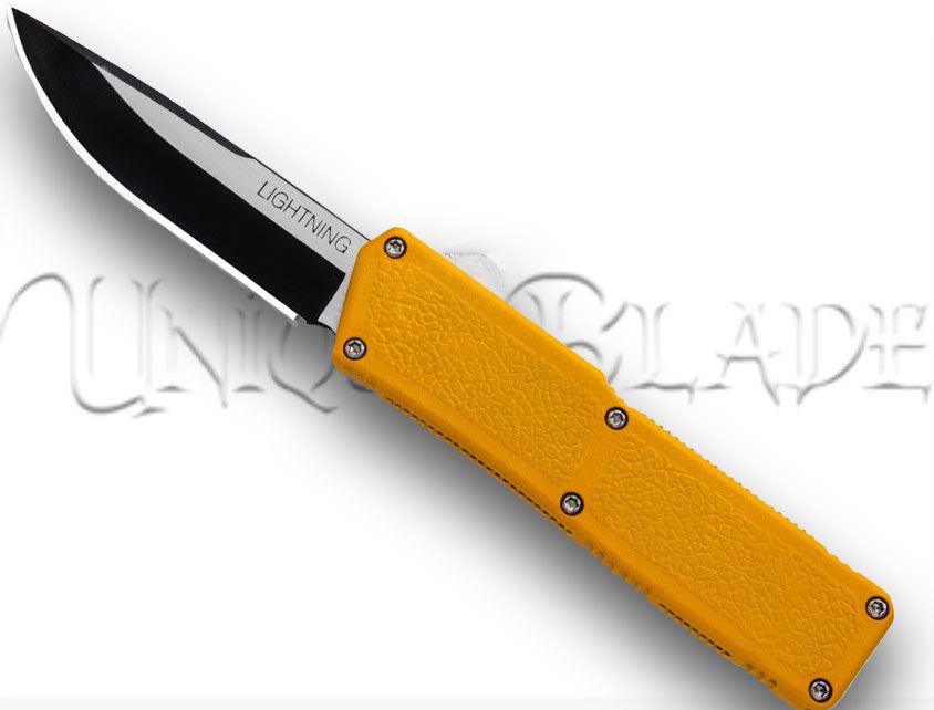 Lightning Yellow OTF Automatic Knife: Vibrant Two-Tone Design with a Sleek Plain Blade – Unleash Precision and Style in Every Swift Deployment.