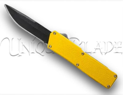 Lightning Yellow OTF Automatic Knife - Black Plain Blade: Stand out with a vibrant yellow handle complemented by a sleek black plain blade, blending style and practicality in one automatic knife design.