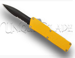Lightning Yellow OTF Automatic Knife - Black Dagger Serrated - Striking Yellow Precision - This OTF automatic knife combines a vibrant yellow design with a black dagger serrated blade for a bold and functional statement.