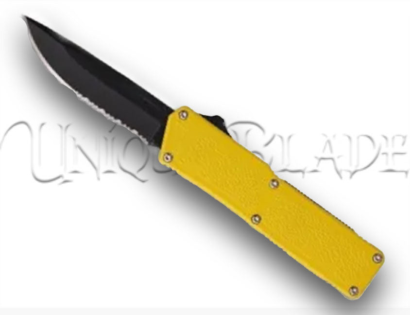 Lightning Yellow OTF Automatic Knife - Black Serrated Plain Blade: Make a bold statement with a striking yellow handle and a versatile black serrated plain blade, combining style and functionality in this automatic knife.