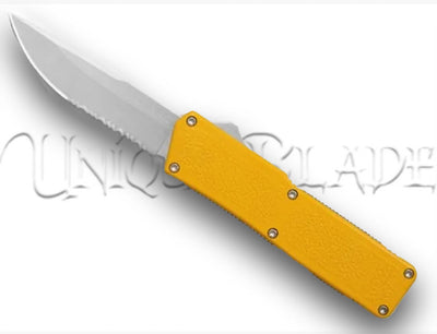 Lightning Yellow OTF Automatic Knife: Vibrant Design with Satin Serrated Blade – Unleash Precision and Style with Every Swift Deployment.